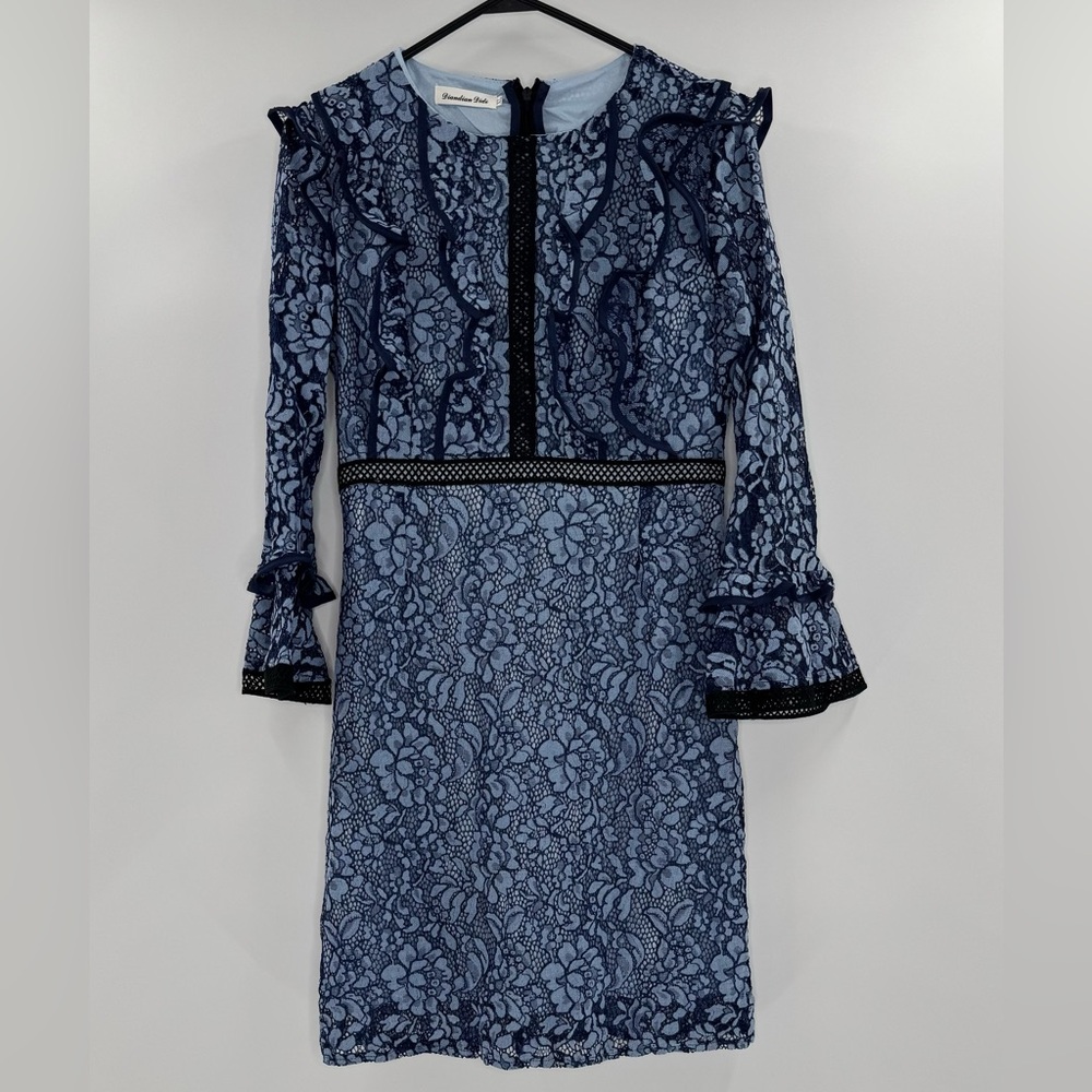 Diandian Didi Ruffle Lace Trim Midi Knee Length Dress, Blue and Black, Size S/M - Picture 3 of 13